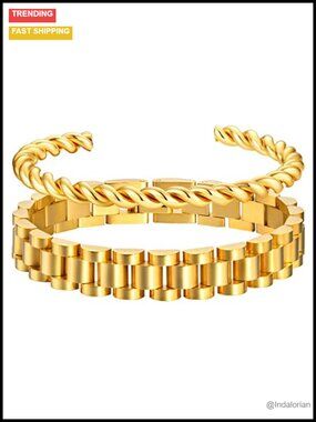18K Gold Plated Chain Link Bracelet Set Stainless Steel Crystal Friendship